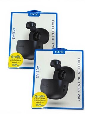 2 Pack TECNO ACE-A3 Wireless Bluetooth Earbuds New Sealed Bundle